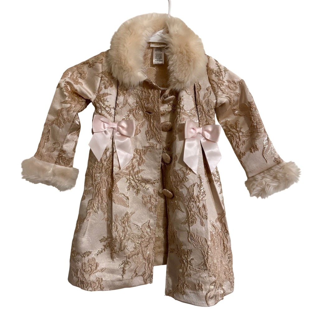 Blueberi Gold Toddler Girl Coat Dress 3T Gold Brocade Faux Fur Collar Holiday - Picture 2 of 9